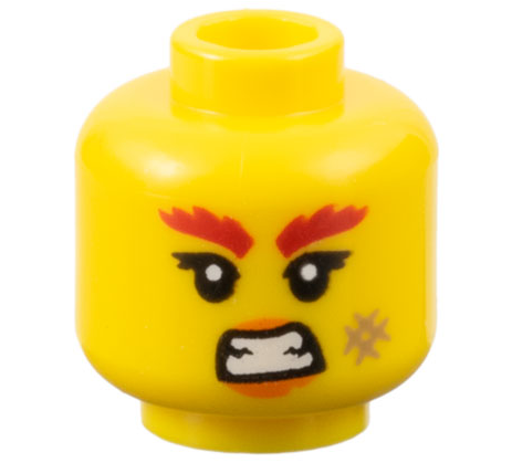 Minifigure, Head Female Red Bushy Eyebrows, Orange Lips, Dark Tan Scuff Mark, and Bared Teeth Pattern - Vented Stud: {ярко жълт}