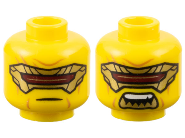 Minifigure, Head Dual Sided Gold Eye Mask with Dark Red Visor, Medium Nougat Wrinkles, Neutral / Open Mouth with Sharp Teeth Pattern - Vented Stud: {ярко жълт}