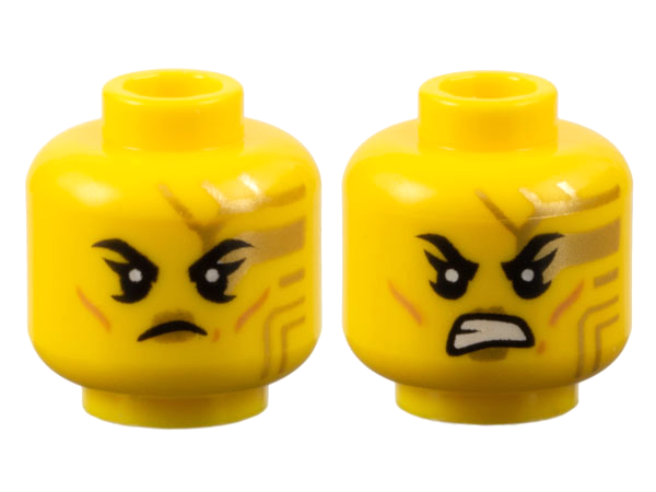 Minifigure, Head Dual Sided Female Black Eyebrows, Gold Circuitry and Lips, Medium Nougat Cheek Lines, Frown / Bared Teeth Pattern - Vented Stud: {ярко жълт}