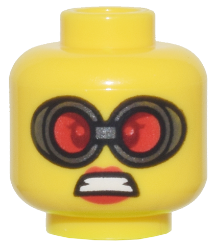Minifigure, Head Female Goggles with Silver Frames and Red Lenses, Red Lips and Open Mouth Scowl Pattern - Vented Stud: {ярко жълт}