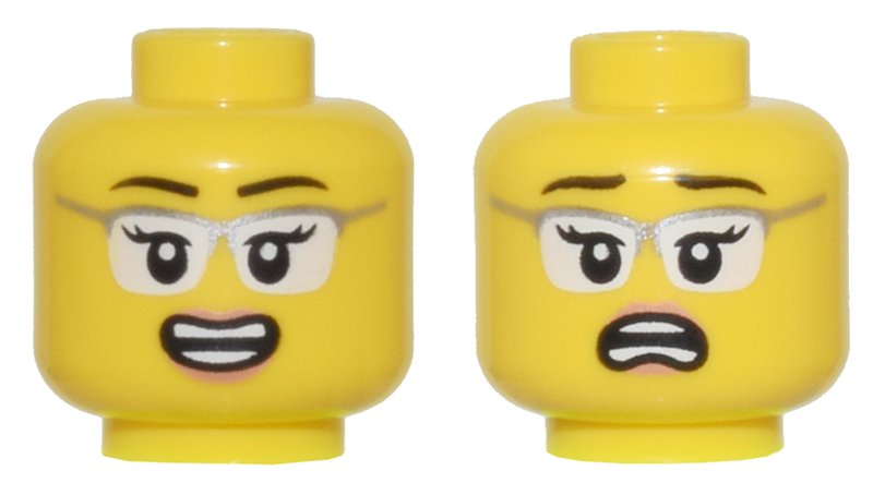 Minifigure, Head Dual Sided Female Black Eyebrows, Glasses with Silver Frames and White Lenses, Open Mouth Smile / Scared Pattern - Vented Stud: {ярко жълт}