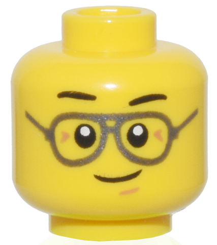 Minifigure, Head Black Eyebrows, Silver Glasses, and Closed Mouth Crooked Smile Pattern - Vented Stud: {ярко жълт}