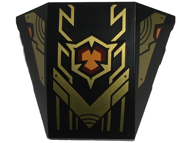 Wedge 4 x 3 Triple Curved No Studs with Gold Armor Plates, Geometric Lines and Dark Red and Orange Emblem Pattern: {черен}