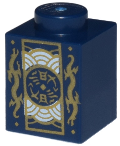 Brick 1 x 1 with Gold Dragons and Rectangle Emblem with Silver Half Circles Pattern: {земно син}