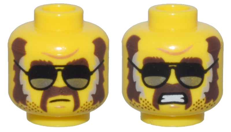 Minifigure, Head Dual Sided Dark Brown Eyebrows, Sideburns, Moustache, and Stubble, Black and Silver Glasses, Closed Mouth / Open Mouth Scowl Pattern - Vented Stud: {ярко жълт}