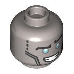 Minifigure, Head Alien Robot Black Eyebrows, Metallic Light Blue Eyes, Open Mouth Smile, and Black Circle and Mechanical Panels on Back Pattern - Hollow Stud: {сребърно метален}