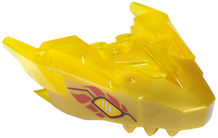 Dragon Head (Ninjago) Jaw Upper with Horns with Molded Pearl Gold Face and Printed Bright Light Yellow and Dark Red Eyes and Red Flames Pattern: {прозрачно жълт}