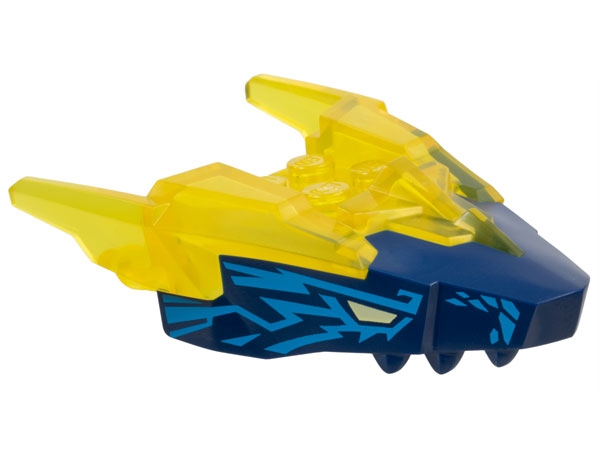 Dragon Head (Ninjago) Jaw Upper with Horns with Molded Dark Blue Face and Printed Tan Eyes and Dark Azure Electricity Pattern: {прозрачно жълт}