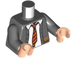 Torso Cardigan Sweater with White Shirt, Dark Red and Bright Light Orange Tie and Trim (Gryffindor) Pattern / Dark Bluish Gray Arms / Light Nougat Hands : {тъмно каменно сив}