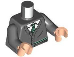 Torso Cardigan Sweater with White Shirt, Dark Green and Silver Tie and Trim (Slytherin) Pattern / Dark Bluish Gray Arms / Light Nougat Hands : {тъмно каменно сив}