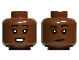 Minifigure, Head Dual Sided Female Black Eyebrows, Dark Brown Lips, Open Mouth Smile with Teeth / Neutral Pattern - Hollow Stud: {червеникаво-кафяв}