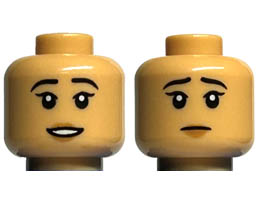 Minifigure, Head Dual Sided Female Black Eyebrows, Medium Nougat Lips, Open Mouth Smile with Teeth / Sad Pattern - Hollow Stud: {умерен тан}