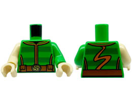 Torso Sweater with Green Stripes and Orange Trim, Dark Orange Belt with Gold Buckle Pattern / Bright Green Arm Left / Tan Arm Right / Tan Hands : {ярко зелен}