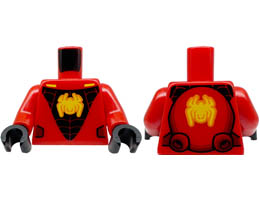 Torso Yellow Spider on Black Panel with Web, Dark Red Side Panels Pattern (Miles Morales) / Red Arms / Black Hands: {ярко червен}