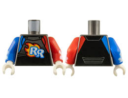 Torso Race Suit with White RR on Red and Bright Light Orange Flames Pattern / Red Arm Left with White Flames Pattern / Blue Arm Right with White Flames Pattern / White Hands : {титаниево метален}