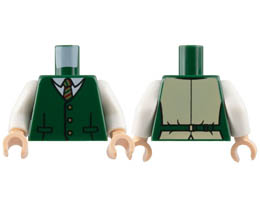 Torso Vest with 3 Buttons, White Collar Shirt, Tie with Dark Red, Dark Green and Gold Stripes Pattern / White Arms / Light Nougat Hands : {земно зелен}