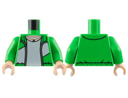 Torso Open Jacket with White Wide Diagonal Stripe, Silver Zipper, T-Shirt, Light Nougat Neck Pattern / Bright Green Arms / Light Nougat Hands : {ярко зелен}