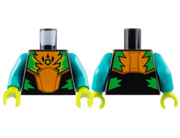 Torso Race Suit with Orange Breastplate with Raptor Claw Logo, Bright Green and Lime Jagged Panels Pattern / Dark Turquoise Arms / Lime Hands : {черен}
