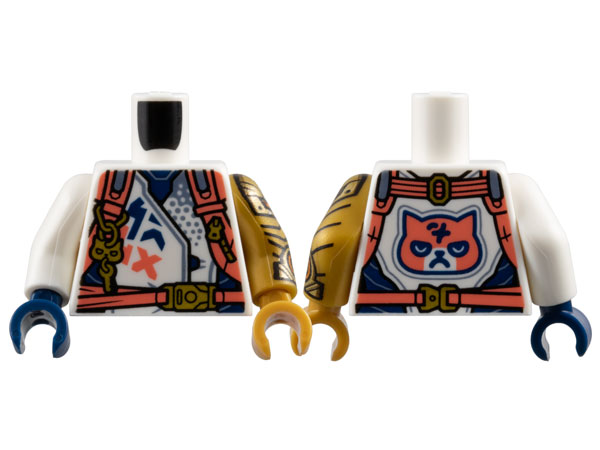 Torso Racing Jacket with Dark Blue Panels, Coral Harness Straps with Gold Buckles, Zipper, and Key on Keychain, Grumpy Cat Face on Back Pattern / Pearl Gold Arm Left with Armor Pattern / White Arm Right / Pearl Gold Hand Left / Dark Blue Hand Right: {бял}