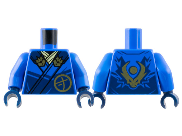 Torso Ninja Robe with Dark Blue Trim and Gold Buckles over Bright Light Yellow Sash, Ninjago Logogram Letter J in Circle, Dragon Head and Orb on Back Pattern / Blue Arms / Dark Blue Hands: {ярко син}
