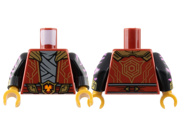 Torso Robe with Gold Collar and Circuitry over Dark Bluish Gray Tunic Pattern / Black Arms with Dark Pink Animal Stripes and Gold Armor Cuffs Pattern / Pearl Gold Hands: {нов тъмно червен}