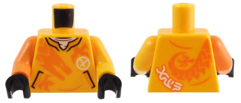 Torso Shirt with Pockets, Orange Dragon, White Ninjago Logogram Letter A and 'ARIN' Pattern / Bright Light Orange Arm Left / Orange Arm Right / Black Hands: {огнено жълто-оранжев}