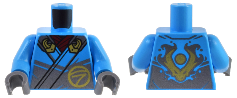 Torso Robe Silver Straps, Gold Buckles, Ninjago Logogram Letter N and Dragon Head and Orb on Back Pattern / Dark Azure Arms / Dark Bluish Gray Hands: {тъмно небесносин}