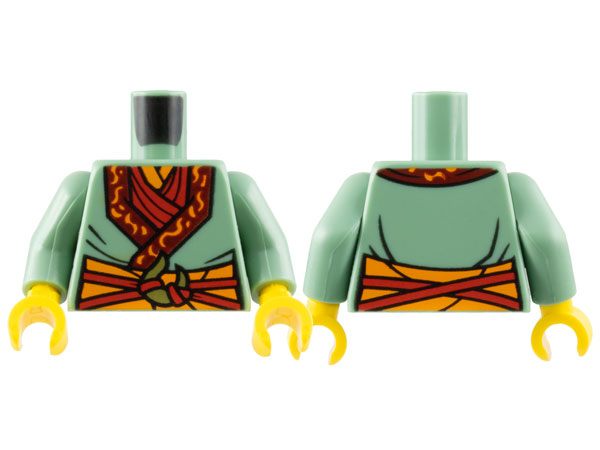 Torso Robe with Dark Red Trim over Red Scarf, Orange Sash, Straps Tied with Gold Crescent Moon Pattern / Sand Green Arms / Yellow Hands: {пясъчно зелен}