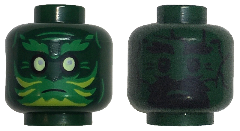 Minifigure, Head Dual Sided Green Eyebrows and Face Paint with Lime Highlights, Yellowish Green Eyes / Black Eyebrows, Goatee, and Eyes Pattern - Vented Stud: {земно зелен}