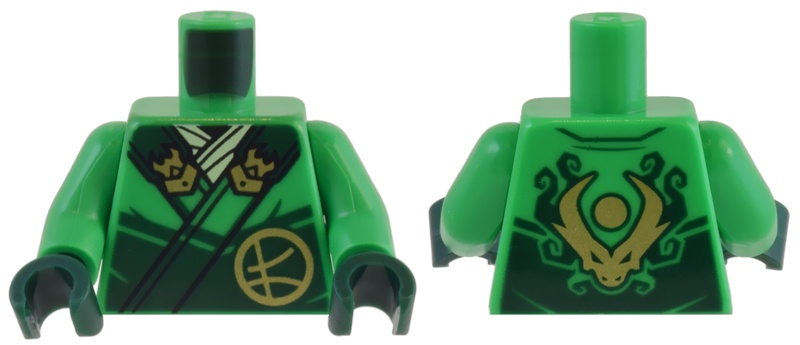 Torso Robe Dark Green Straps, Gold Buckles, Ninjago Logogram Letter L and Dragon Head and Orb on Back Pattern / Bright Green Arms / Dark Green Hands: {ярко зелен}