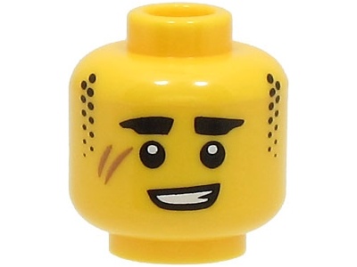 Minifigure, Head Black Thick Eyebrows and Stubble Sideburns, Medium Nougat Scar, Lopsided Open Mouth Smile with Teeth Pattern (BAM): {ярко жълт}