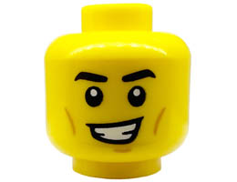 Minifigure, Head Black Eyebrows, Medium Nougat Chin Dimple and Cheek Lines, Lopsided Open Mouth Smile with Teeth Pattern - Hollow Stud : {ярко жълт}