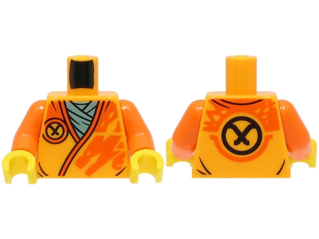 Torso Robe with Orange Trim, Dragon Head and Black Ninjago Logogram Letter A over Dark Bluish Gray Shirt Pattern (BAM) / Orange Arms / Yellow Hands: {огнено жълто-оранжев}