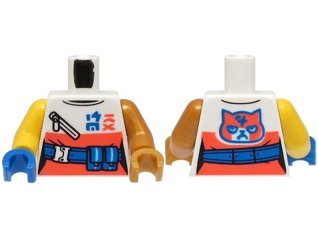 Torso Female Top with Coral Panel and Cat Face, Blue Belt, Ninjago Logogram 'SORA' Pattern (BAM) / Pearl Gold Arm Left / Yellow Arm Right / Pearl Gold Hand Left / Blue Hand Right: {бял}