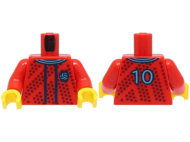 Torso Soccer Uniform, Medium Azure and Dark Blue Collar, Dark Red Dotted Stripes, Soccer Ball on Brick Logo, Number 10 on Back Pattern (BAM) / Red Arms / Yellow Hands: {ярко червен}