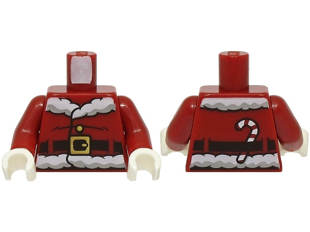 Torso Santa Jacket with White Fur Collar and Waistband, Black Creases and Belt with Gold Buckle, Candy Cane on Back Pattern (BAM) / Dark Red Arms / White Hands: {нов тъмно червен}