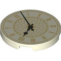Tile, Round 3 x 3 with Clock Face with Gold Roman Numerals, Ornate Center and Border, Black Hands Pattern (Big Ben): {бляскаво бял}