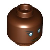 Minifigure, Head Female Black Eyebrows and Eyelashes, Metallic Light Blue Eyes, Dark Brown Lips, Lopsided Grin Pattern - Vented Stud: {червеникаво-кафяв}