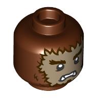 Minifigure, Head Dual Sided Alien Dark Brown Bushy Eyebrows and Fur, Dark Tan Face, Lower Fangs, Scowl / Open Mouth Smile with Top Teeth and Red Tongue Pattern - Vented Stud: {червеникаво-кафяв}