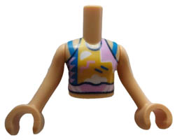 Torso Mini Doll Girl Bright Light Orange Top with Blue, Bright Pink and White Symbols and Blue Straps Pattern, Medium Tan Arms with Hands : {умерен тан}