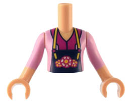 Torso Mini Doll Girl Bright Pink Top over Magenta Shirt, Dark Blue Apron with Flowers Pattern, Medium Tan Arms with Hands with Bright Pink Sleeves : {умерен тан}