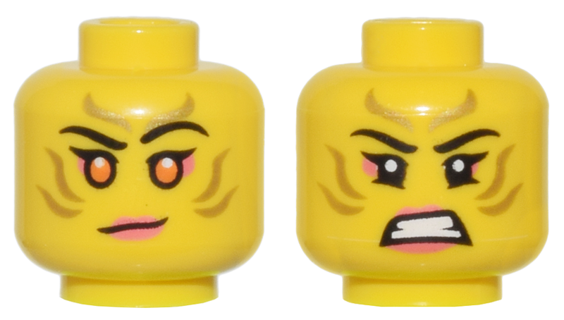 Minifigure, Head Dual Sided Female Gold Stripes Face Paint, Coral Lips and Eye Shadow, Orange Eyes, Lopsided Grin / Bared Teeth Pattern - Vented Stud: {ярко жълт}