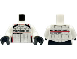 Torso Race Suit with PORSCHE MOTORSPORT, Black and Red Stripes, and Silver Lines and Stitching Pattern / White Arms / Black Hands: {бял}