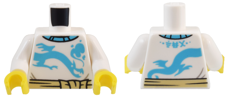 Torso Medium Azure Collar, Dragon, Smoke, and Ninjago Logogram 'TEA' and Tan Belt Pattern / White Arms / Yellow Hands: {бял}