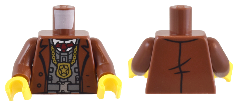 Torso Suit Jacket, Dark Bluish Gray Vest, Dark Red Tie, and Gold Police Badge on Chain Pattern / Reddish Brown Arms / Yellow Hands: {червеникаво-кафяв}