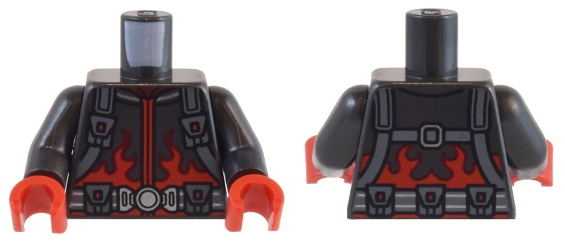 Torso Jacket with Red Flames and Dark Bluish Gray Straps and Belt with Pouches Pattern / Pearl Dark Gray Arms / Red Hands: {титаниево метален}