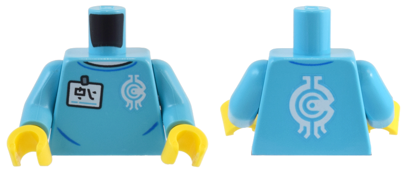 Torso White Name Tag with Ninjago Logogram 'HI' and Borg Industries Logo Pattern / Medium Azure Arms / Yellow Hands: {умерено небесносин}