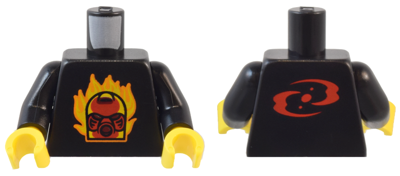 Torso Red Bionicle Hau Mask with Orange and Yellow Flames and Red Three Virtues Symbol on Back Pattern / Black Arms / Yellow Hands: {черен}