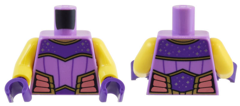 Torso Female Top, Dark Purple Panels with Silver Stars and Gold Trim, and Coral Sides Pattern / Yellow Arms / Dark Purple Hands: {умерено лавандулов}