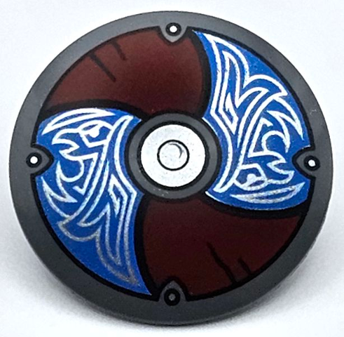 Minifigure, Shield Circular / Round Convex Face with Blue and Dark Red Alternating Panels with Silver Center Circle and Odin's Ravens Pattern: {тъмно каменно сив}